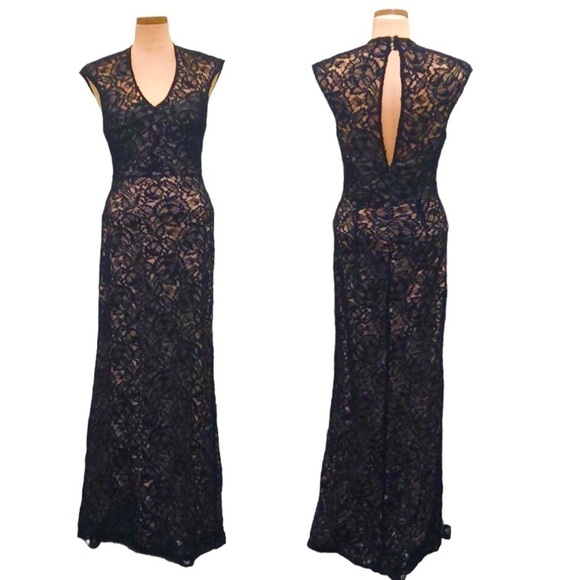 THEIA A Night To Remember Maxi Dress Size 4 Black Nude Floral Lace Cutout Gown - Picture 1 of 13